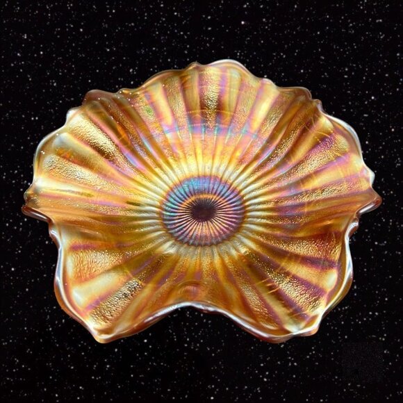 Fenton Glass Stippled Rays Scale Band Exterior Iridescent Bowl Marigold 6.5”W 2” - Picture 9 of 12